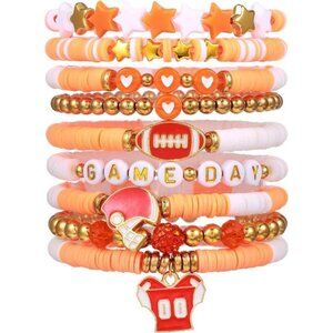9pcs Football Bracelets for Women, Game Day Charm Bracelets Heishi Clay Beaded